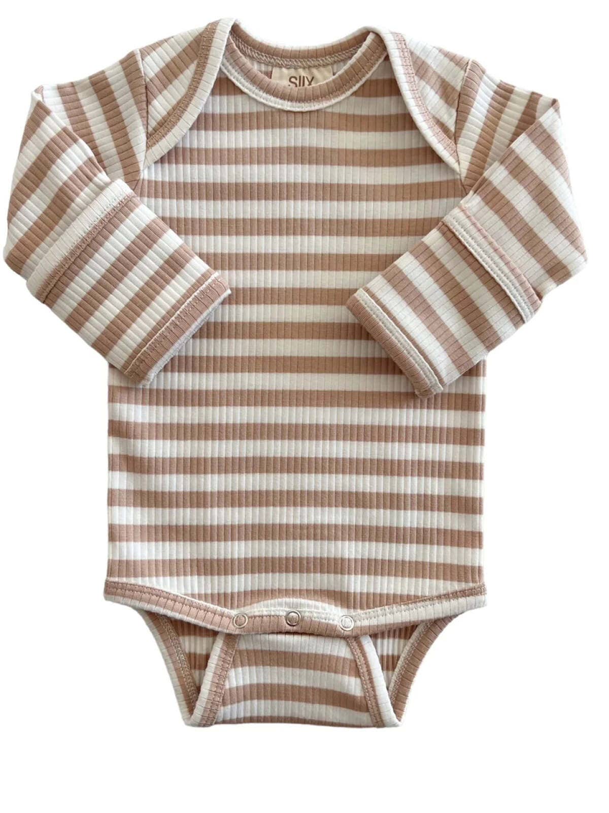 Tan Stripe Organic Ribbed Long Sleeve Bodysuit