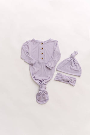 Knotted Baby Gown, Hat & Headband: Lavender