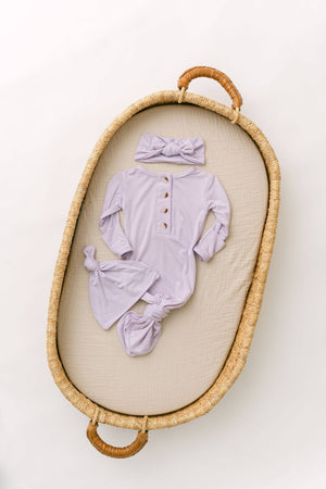 Knotted Baby Gown, Hat & Headband: Lavender