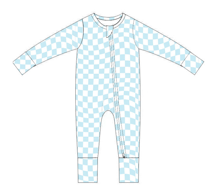 Blue Wavy Checkered Bamboo Romper AND 2 Piece Set