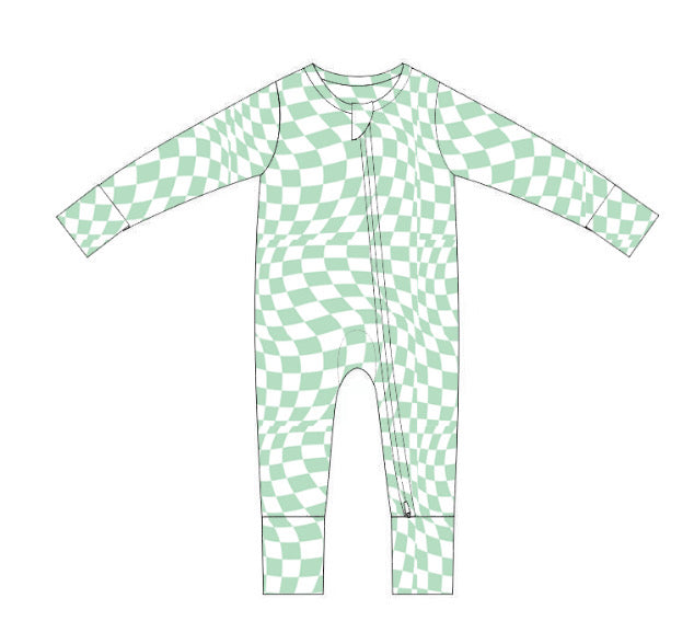 Green Wavy Checkered Bamboo Romper AND 2 Piece Set