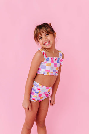 Confetti Check Bows | BANDEAU RUFFLE 2-PIECE: 4T
