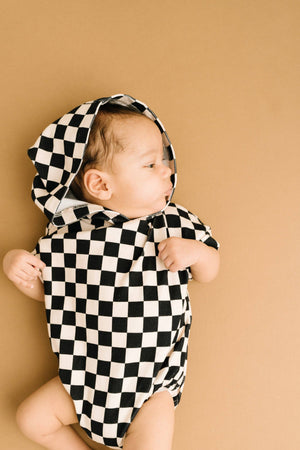 Checkerboard Hooded Short Romper