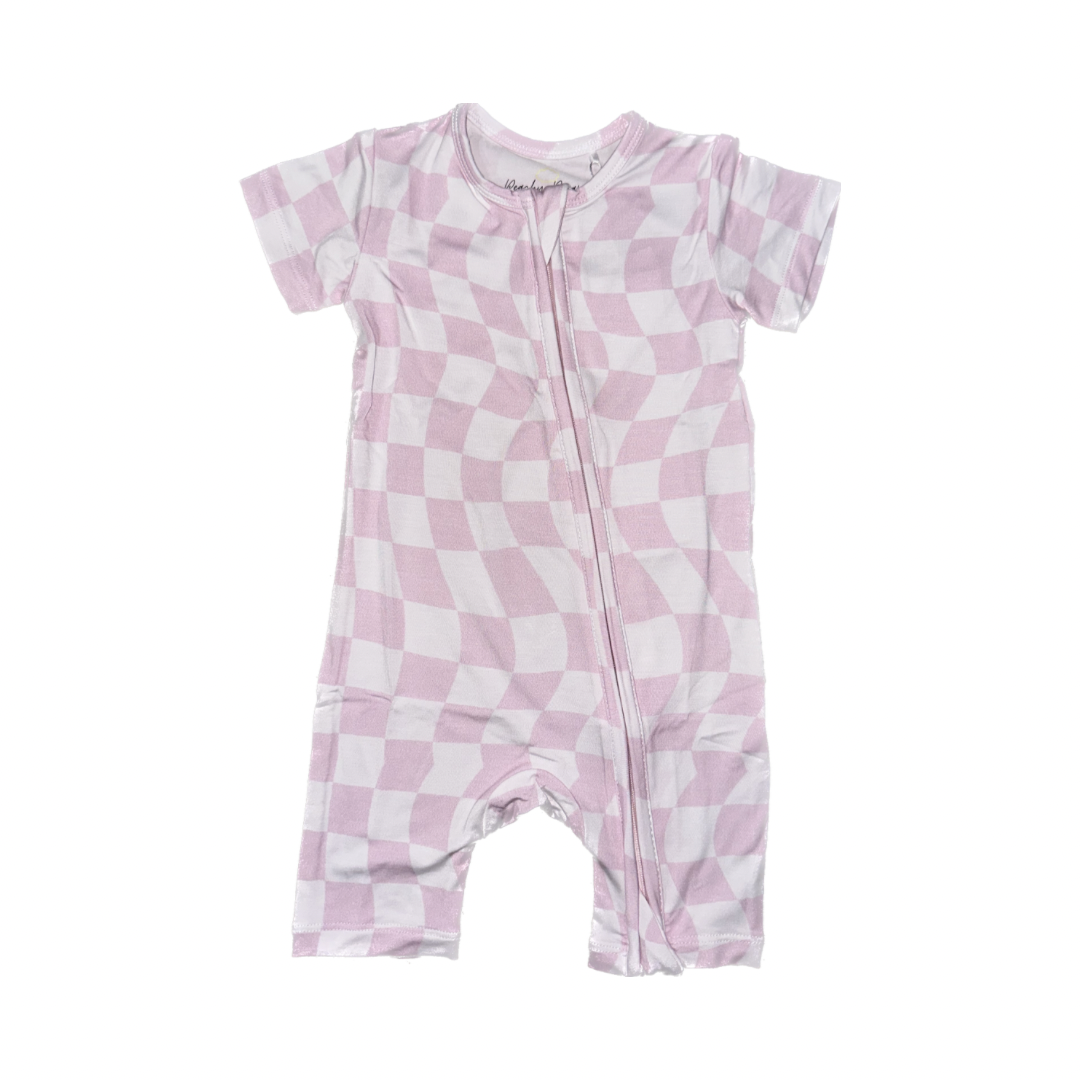 Pink Wavy Checkered Bamboo Shortie Romper