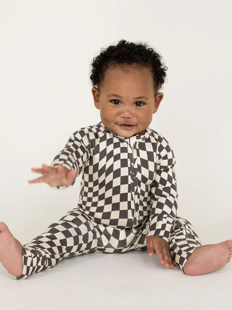 B&W Wavy Checker | Bamboo Zip Romper