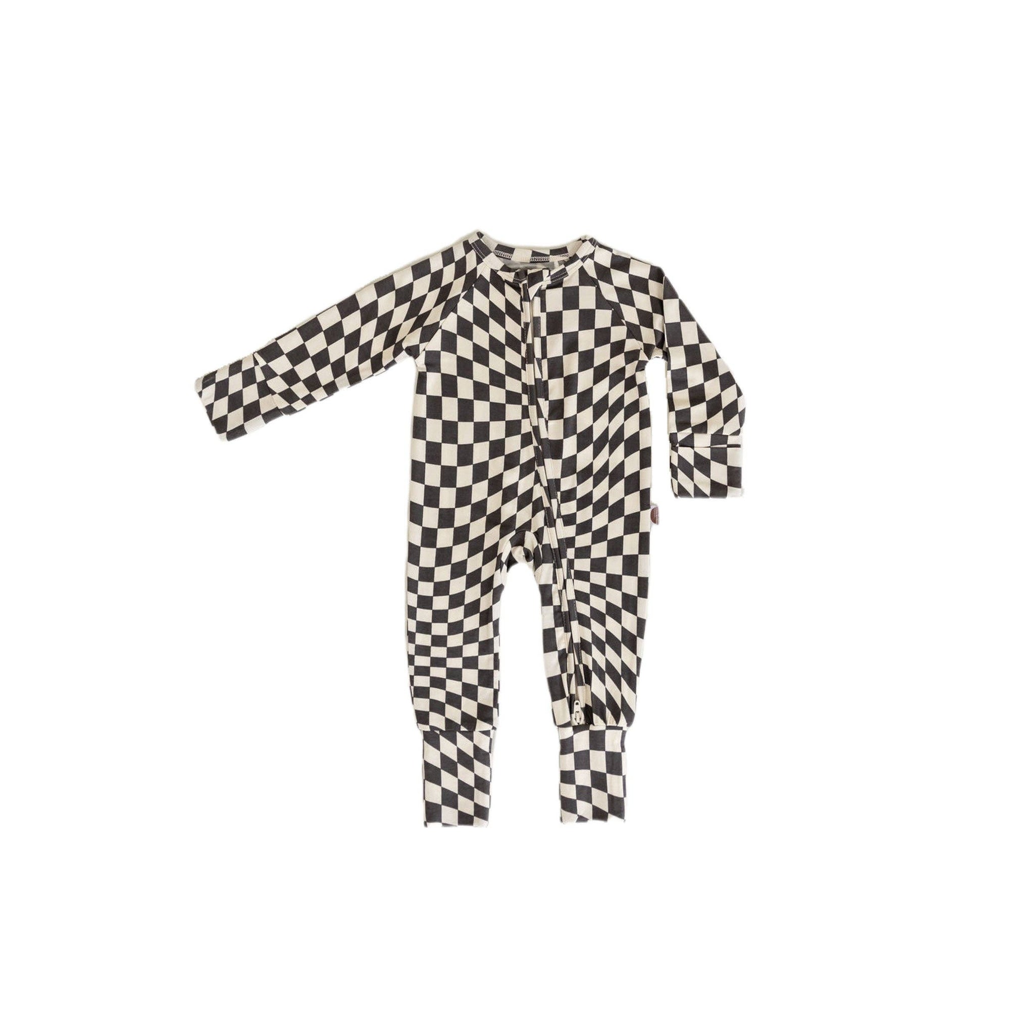 B&W Wavy Checker | Bamboo Zip Romper