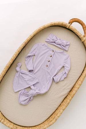 Knotted Baby Gown, Hat & Headband: Lavender